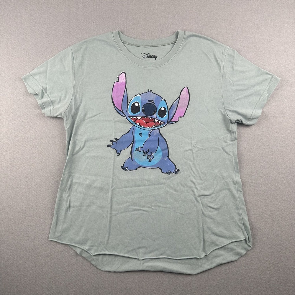 Disney Stitch Graphic‎ T-Shirt Women Large Sage Green Raw Hem JT22288